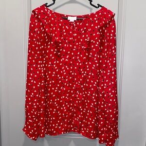 Red Heart Print Blouse Women 1X Long Sleeve Valentine Cute Casual Top Romantic